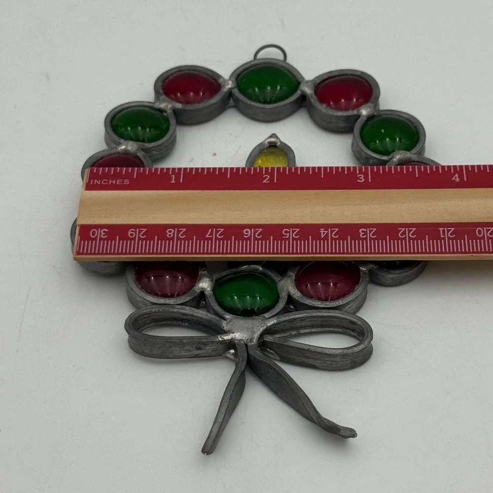 Vintage Stained Glass Christmas Wreath Suncatcher Candle Red Green Holiday Decor